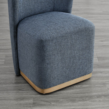 Close-up of blue dining chair with curved wood base and textured upholstery - CHITA Living