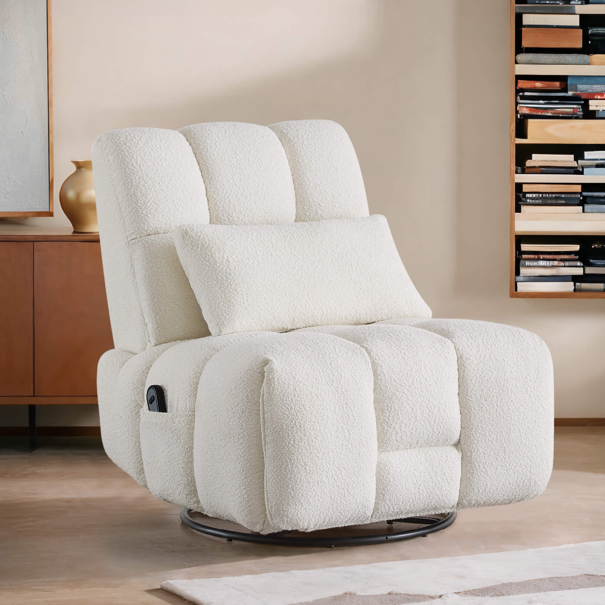 Cozy Colin Bouclé Swivel Glider Recliner in cream, ideal for modern living rooms - CHITA Living