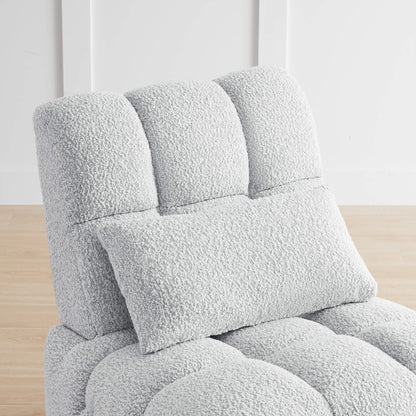 Close-up of light gray Colin Bouclé Swivel Glider Recliner showing plush texture and lumbar pillow - CHITA Living