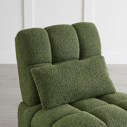 Green Colin Bouclé Swivel Glider Recliner close-up, featuring plush texture and lumbar support - CHITA Living