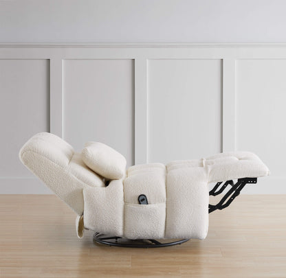 Cream Colin Bouclé Swivel Glider Recliner fully reclined, perfect for stylish comfort - CHITA Living