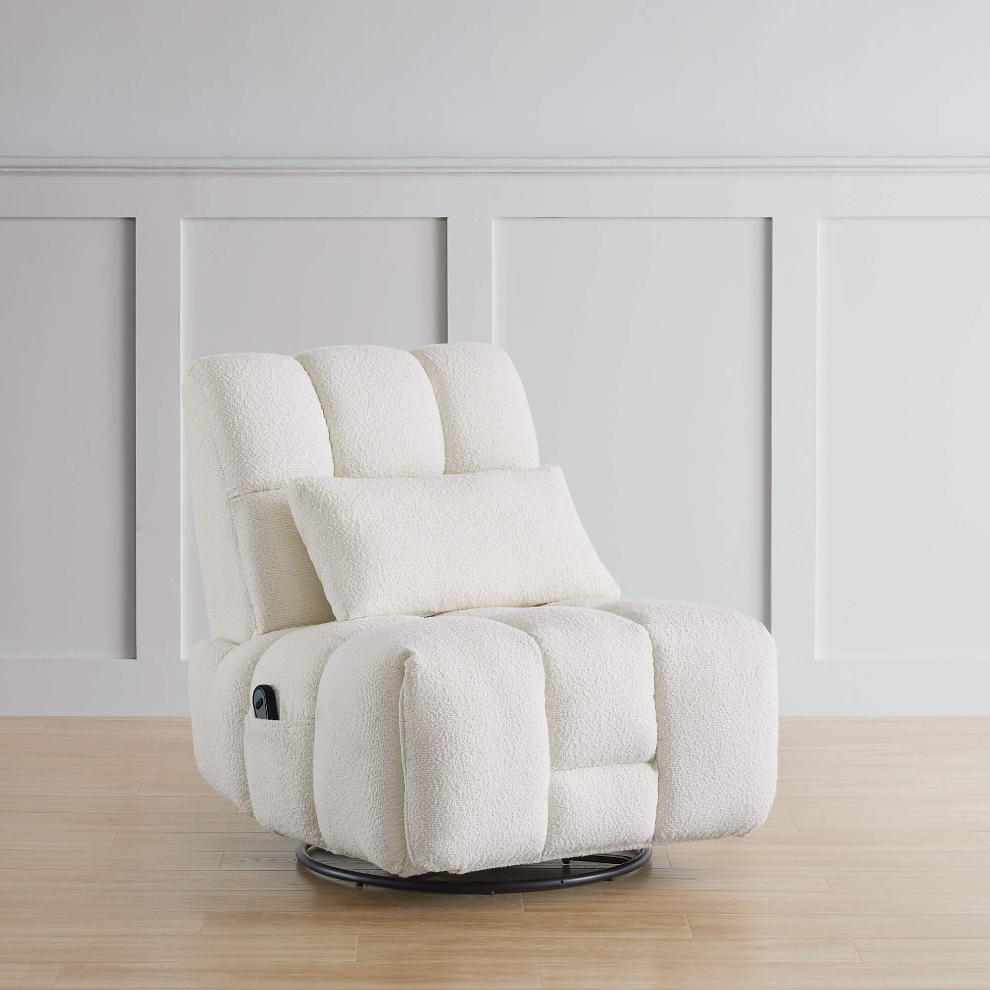 Cozy cream Colin Bouclé Swivel Glider Recliner with adjustable backrest in modern setting - CHITA Living