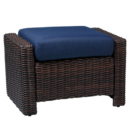 Brown rattan stool with navy cushion, perfect for outdoor living spaces - CHITA Living