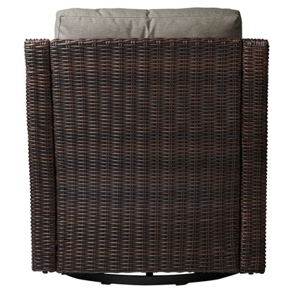 Back view of Elara outdoor rocking swivel accent chair with taupe cushion and woven wicker - CHITA Living