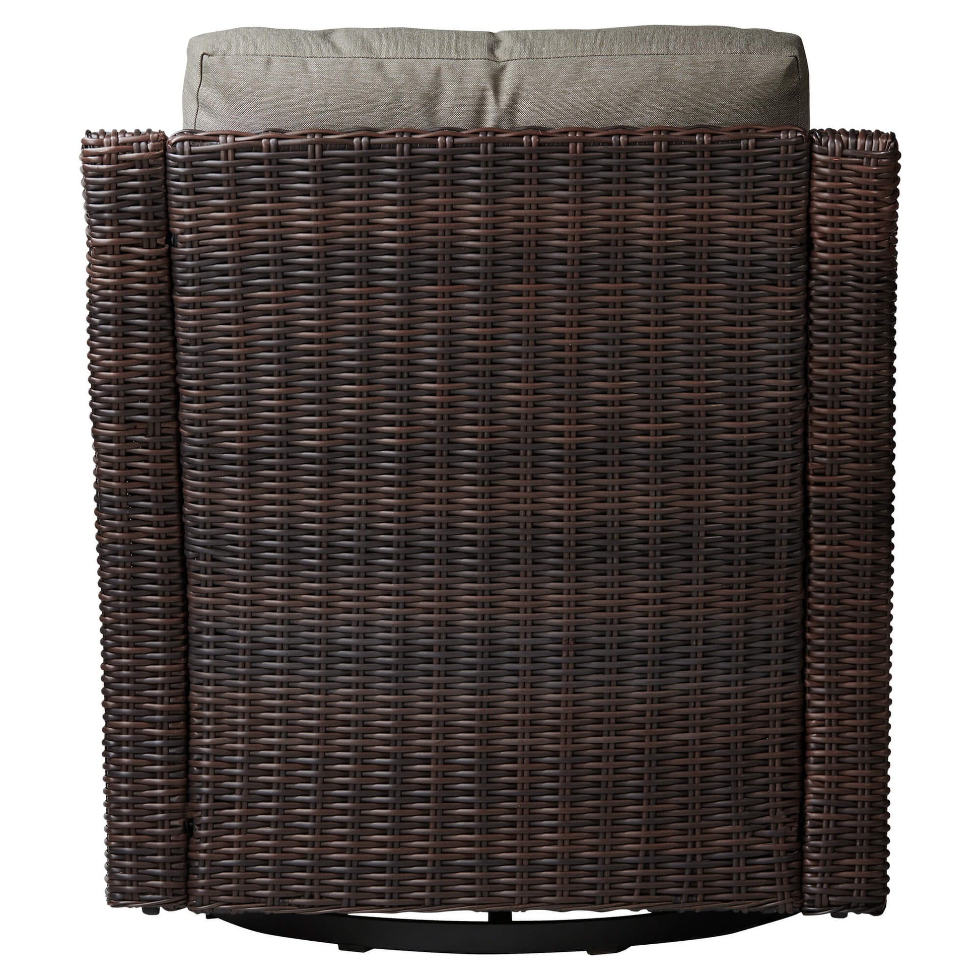 Back view of Elara Rattan Chair with gray cushion, highlighting woven wicker design - CHITA Living