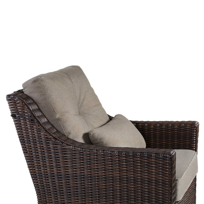 Elara Rattan Chair with gray cushion, showcasing woven wicker design for outdoor comfort - CHITA Living
