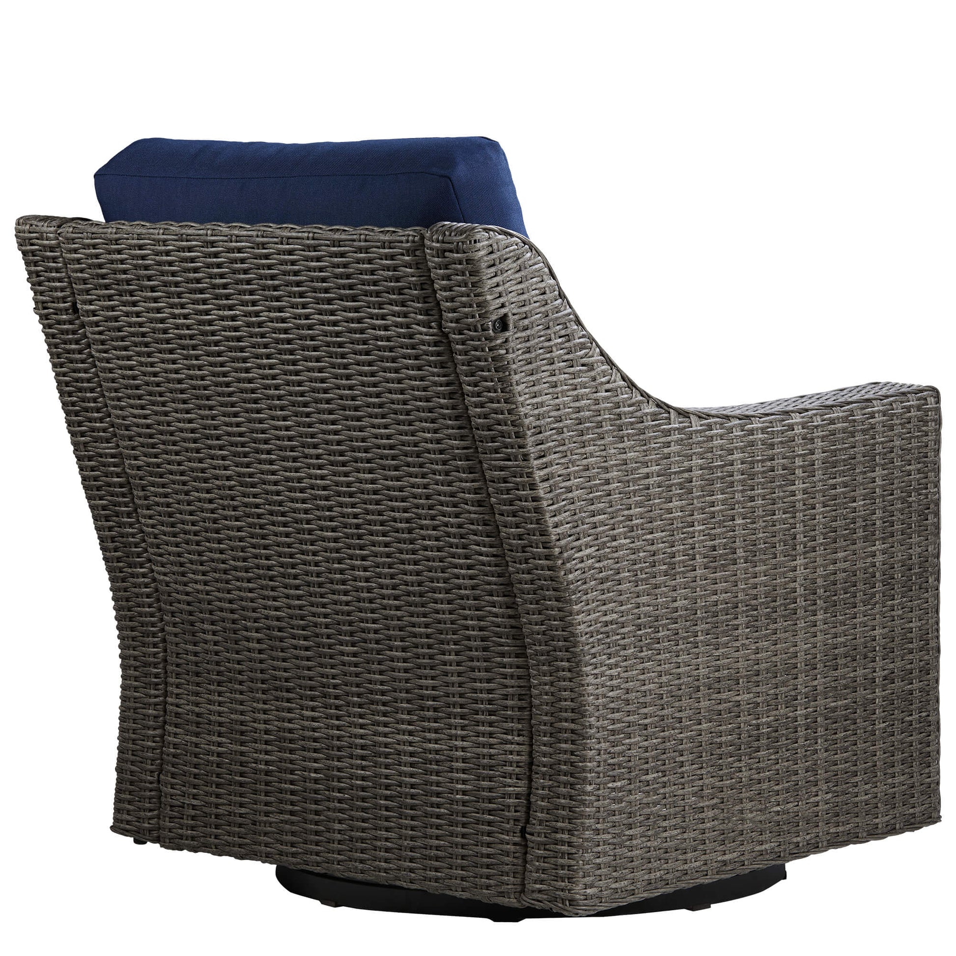 Elara rattan outdoor rocking swivel chair back view with navy cushion for modern patios - CHITA Living