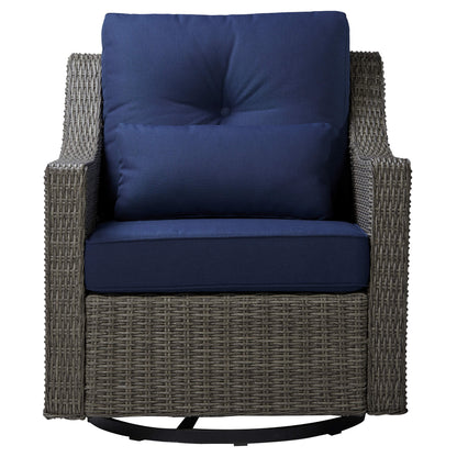 Elara Rattan Chair with navy blue cushion, highlighting its woven wicker design for outdoor comfort - CHITA Living