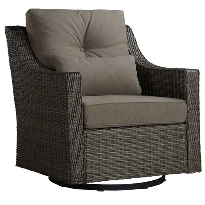 Elara rattan rocking swivel chair with light gray cushions for stylish outdoor comfort - CHITA Living