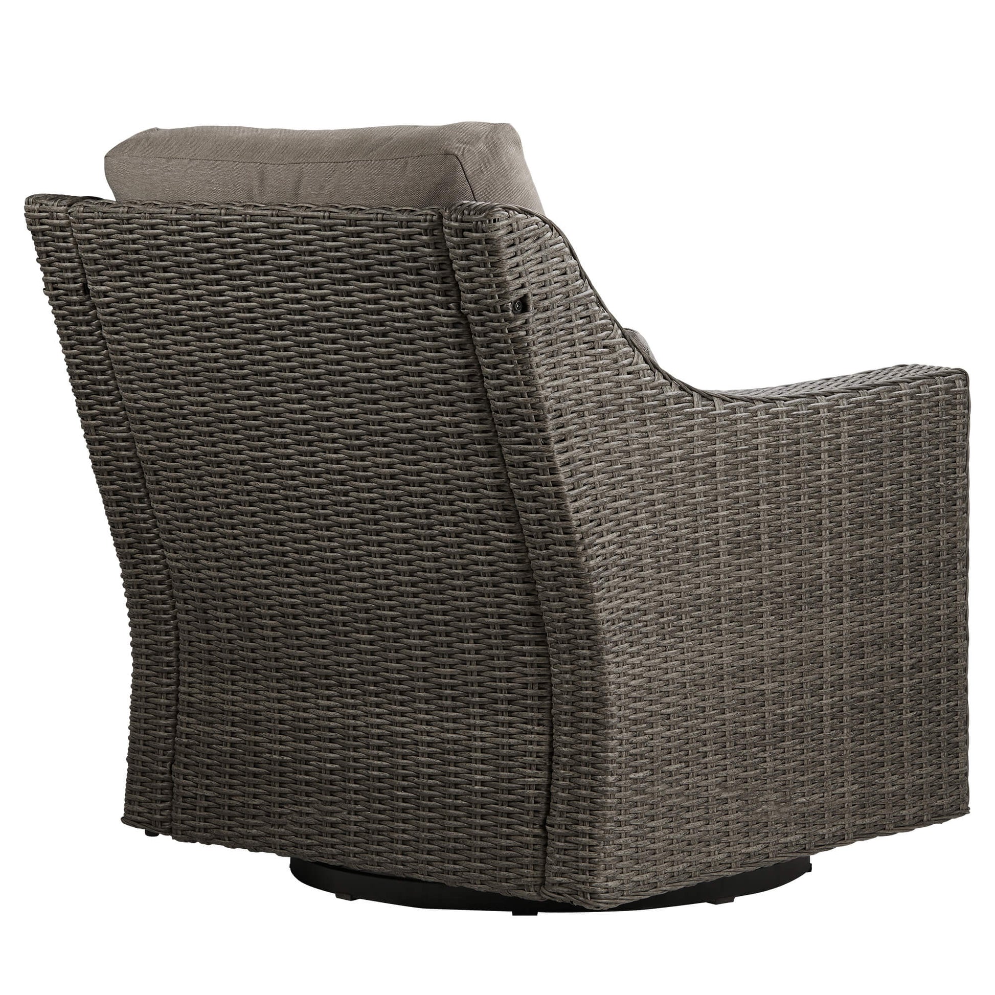 Back view of Elara outdoor rocking swivel chair in taupe cushions with durable wicker - CHITA Living