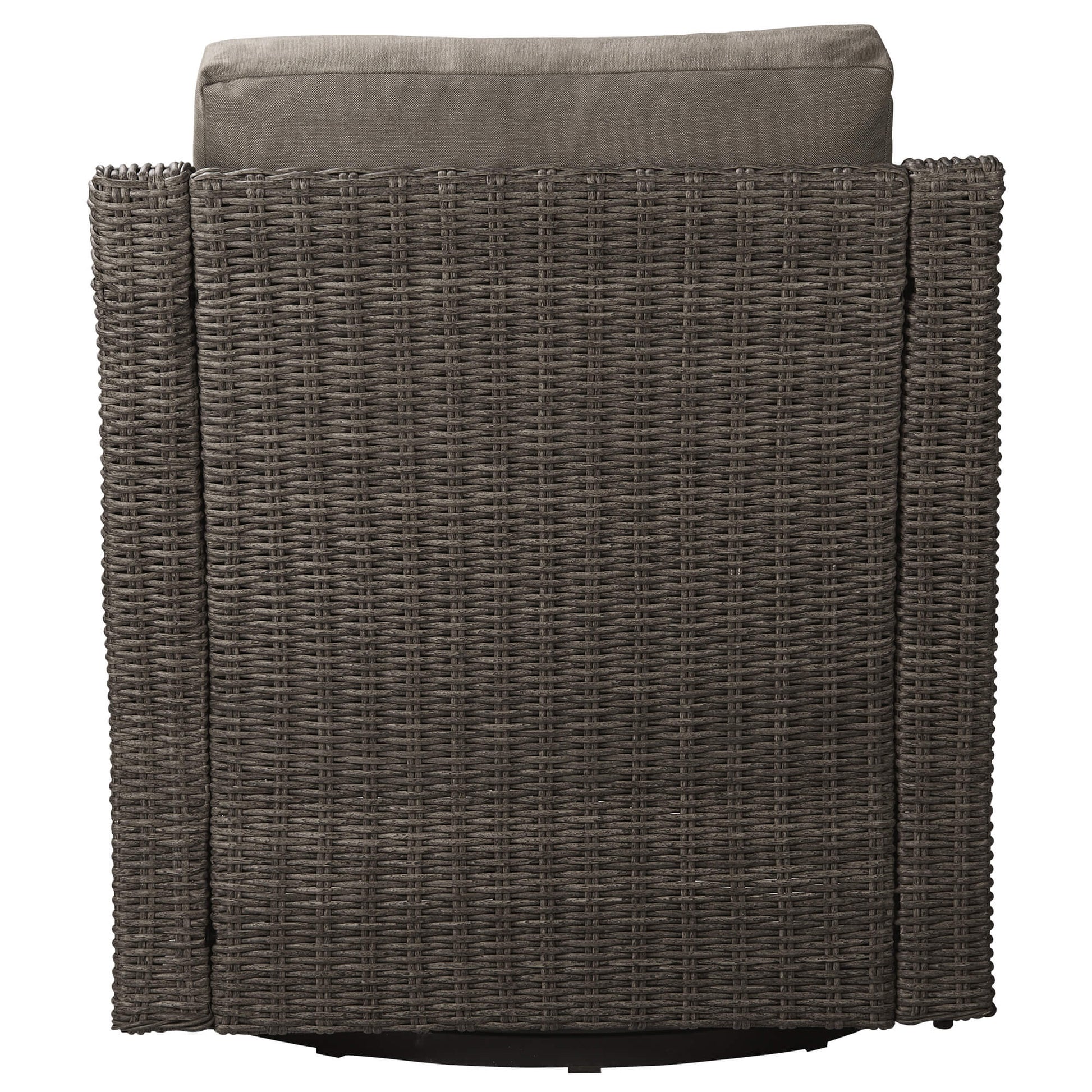 Back view of Elara Rattan Chair highlighting its woven wicker design for outdoor spaces - CHITA Living