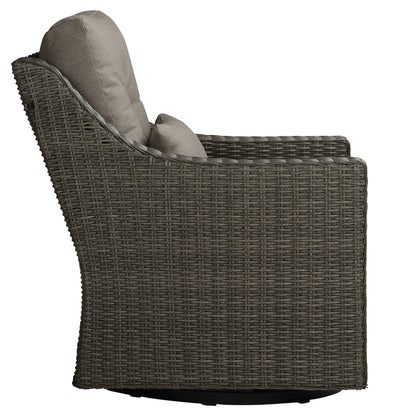 Side view of gray rattan swivel lounge chair with plush gray cushions - CHITA Living
