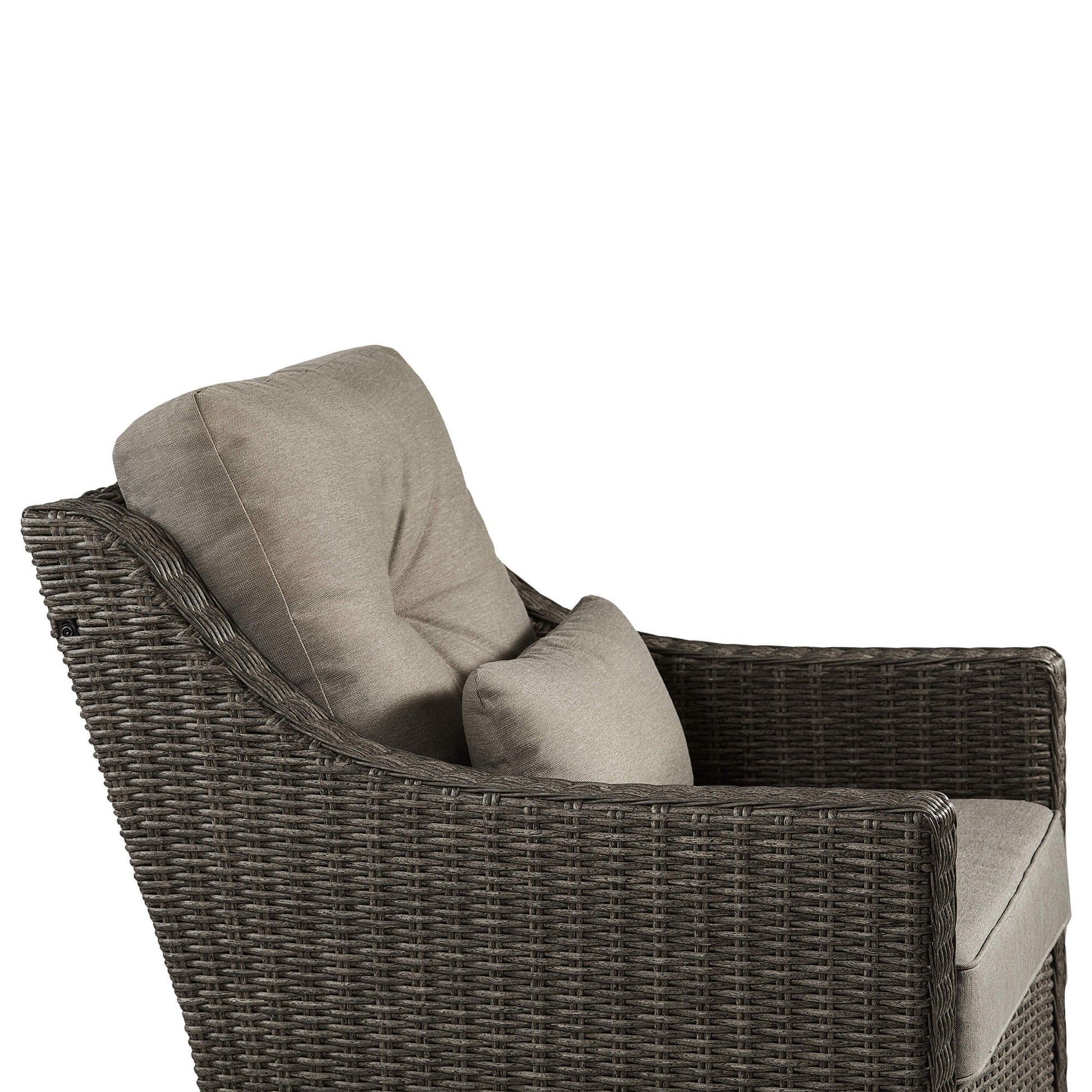 Side view of Elara Rattan Chair with gray cushions, perfect for outdoor seating - CHITA Living