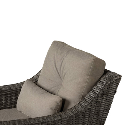 Elara rattan outdoor rocking swivel chair with light gray cushions and woven wicker detail - CHITA Living