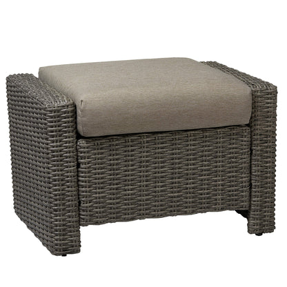 Gray rattan outdoor ottoman with plush beige cushion for stylish patio seating - CHITA Living