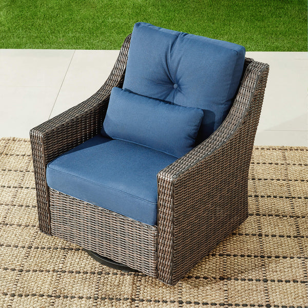 Elara rattan outdoor rocking swivel accent chair with blue cushions - CHITA Living