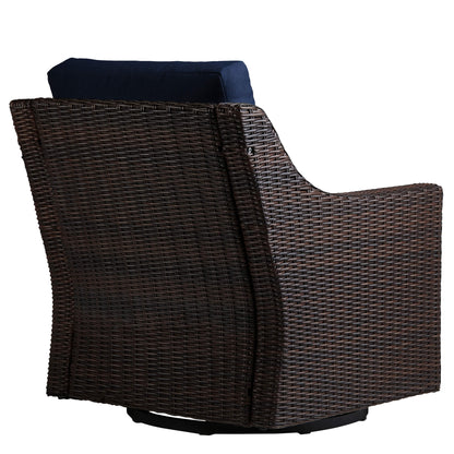 Elara rattan outdoor rocking swivel chair with navy cushions, ideal for modern outdoor seating - CHITA Living