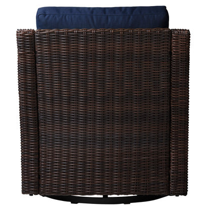 Back view of Elara rattan outdoor rocking swivel chair with dark wicker and blue cushion - CHITA Living