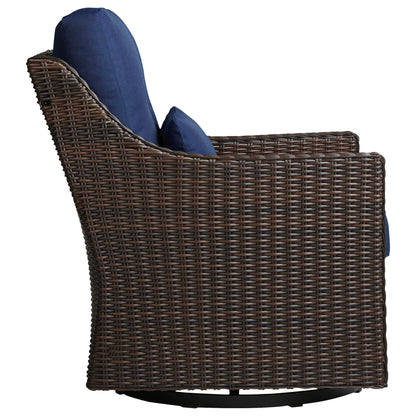 Profile view of Elara rattan outdoor rocking swivel chair with navy cushions for stylish patios - CHITA Living