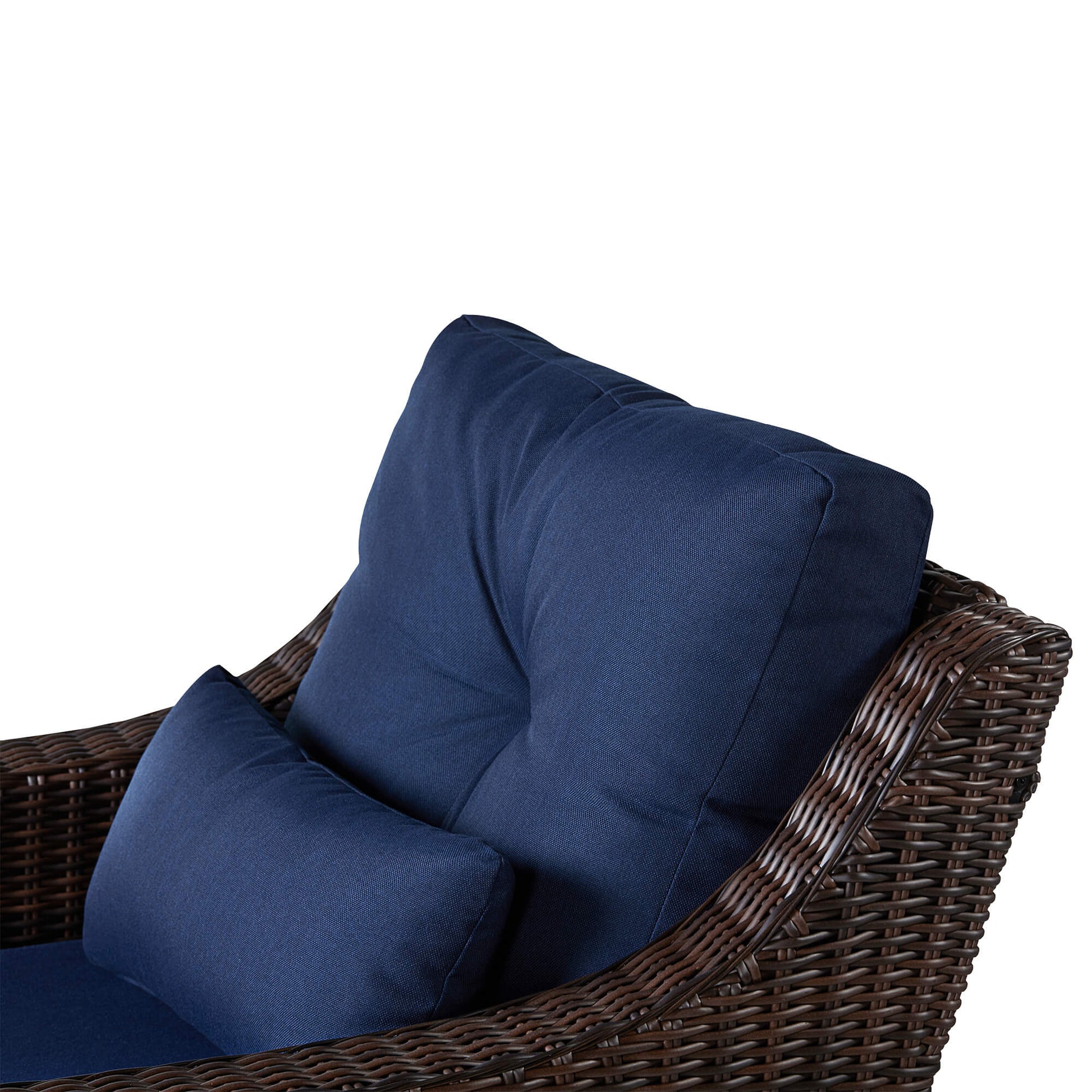 Close-up of Elara rattan outdoor swivel chair with plush navy cushions for outdoor comfort - CHITA Living