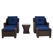 Elara Rattan outdoor lounge chairs with navy cushions and matching side table - CHITA Living