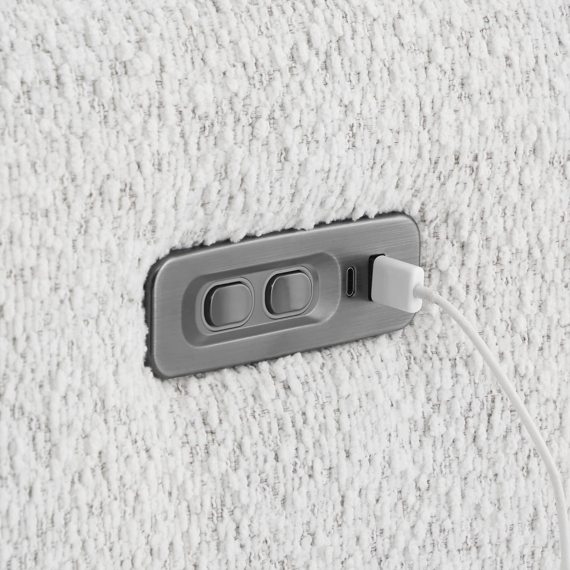 USB charging port and recline buttons on Elysian Power Swivel Glider Recliner in white fabric - CHITA Living