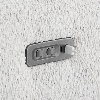 USB charging port and recline buttons on Elysian Power Swivel Glider Recliner in white fabric - CHITA Living
