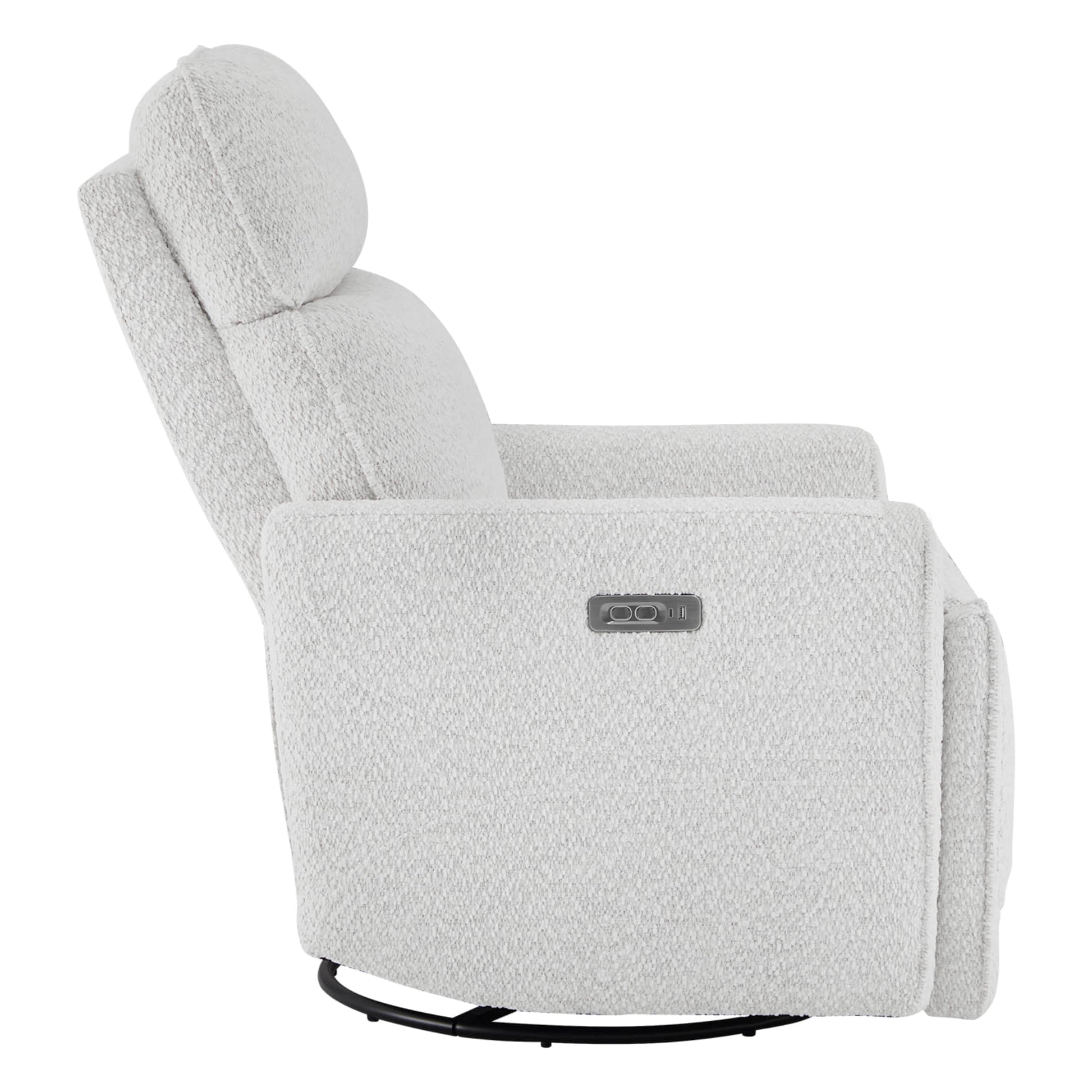 Side view of Elysian Power Swivel Recliner chair with plush white fabric and control button - CHITA Living