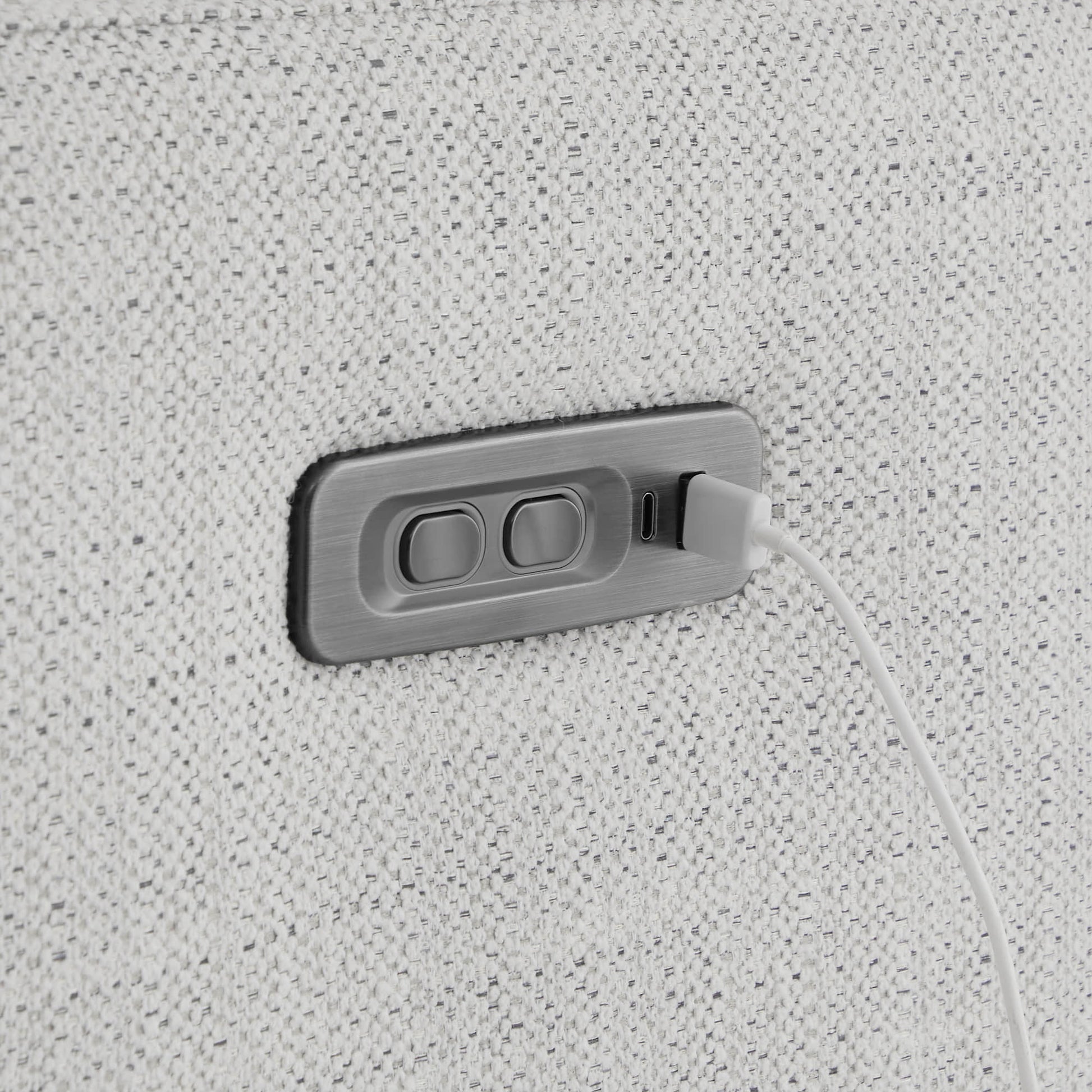 USB charging port and recline buttons on Elysian Power Swivel Glider Recliner - CHITA Living