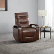 Brown leather power swivel glider recliner with wood armrests in modern living room - CHITA Living