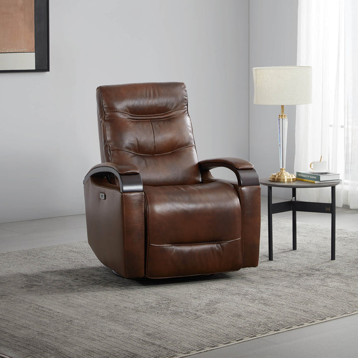 Brown leather power swivel glider recliner with wood armrests in modern living room - CHITA Living