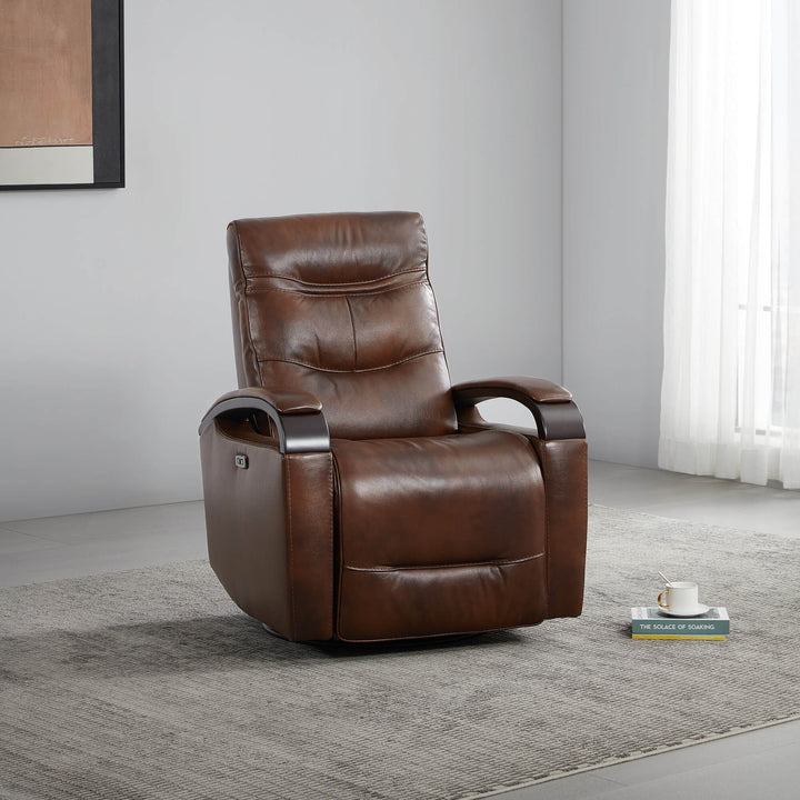 Brown leather power swivel glider recliner with wooden accents in modern living room - CHITA Living