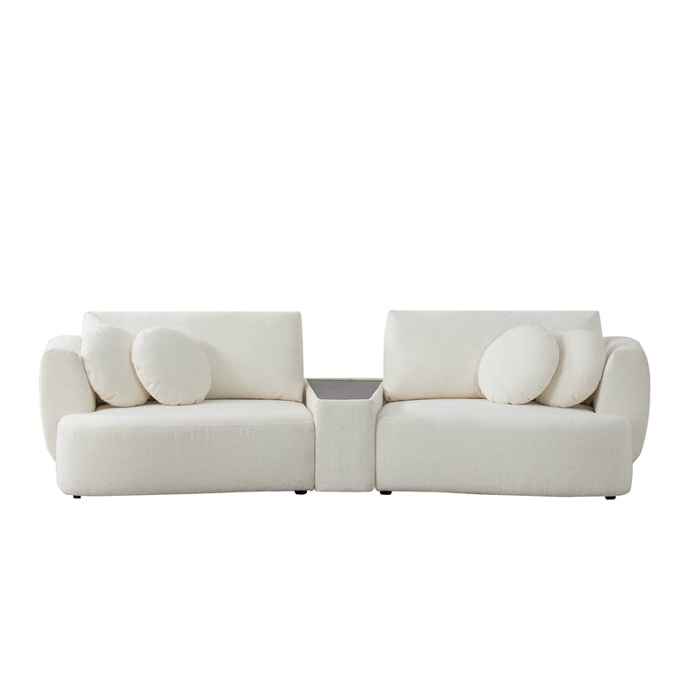 Grace 2-seat modular white sofa with round cushions and walnut console in bright room - CHITA Living