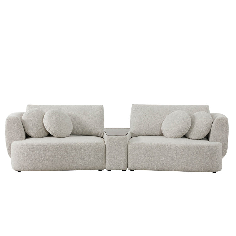 Grace 2-seat modular gray sofa with round cushions and walnut console in bright room - CHITA Living