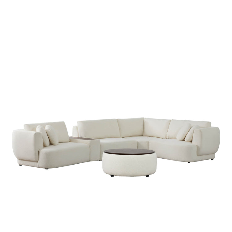 Grace 4-seat curved modular sofa in light boucle fabric with round walnut-top ottoman - CHITA Living