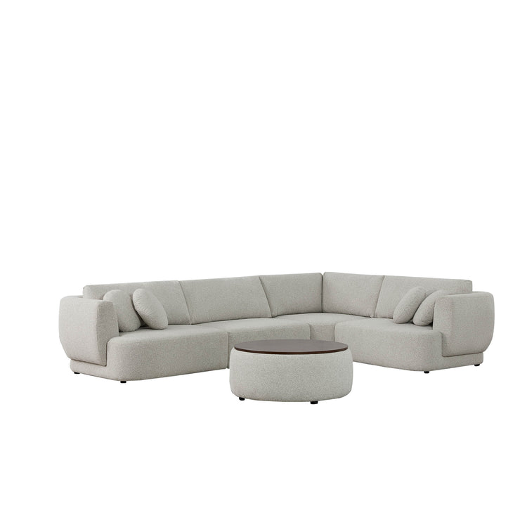 Grace 4-seat modular curved sofa in light boucle fabric with walnut ottoman, modern style - CHITA Living