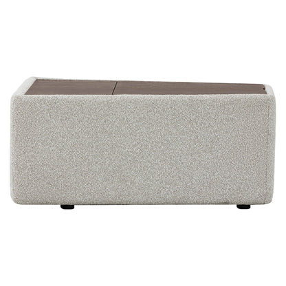 Grace Storage Wedge Console with beige boucle fabric and walnut veneer in a cozy living room - CHITA Living