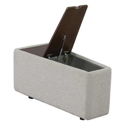 Grace Storage Wedge Console in beige boucle fabric with walnut top and hidden storage - CHITA Living