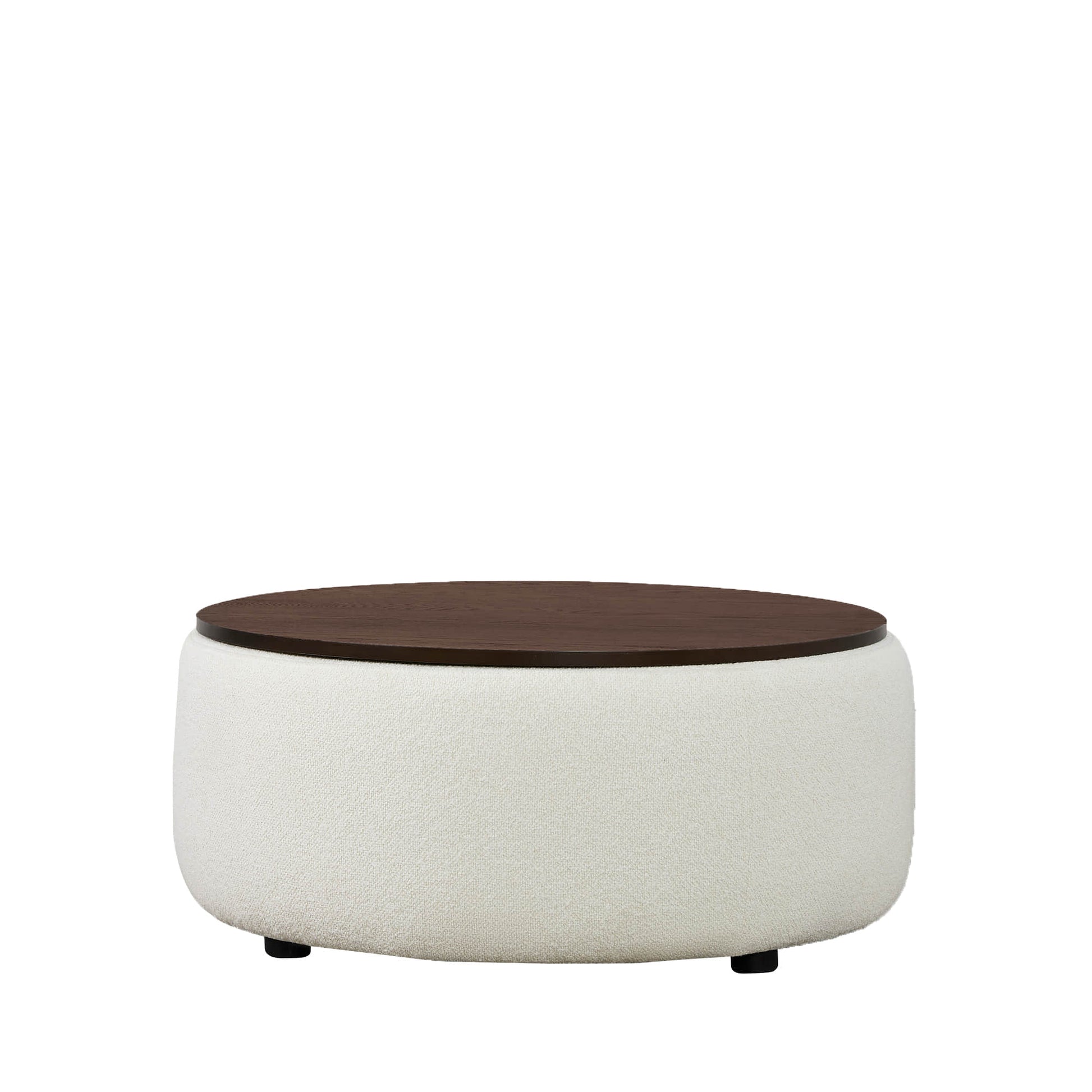 Grace round ottoman with dark wood lid and cozy fabric for modern spaces - CHITA Living