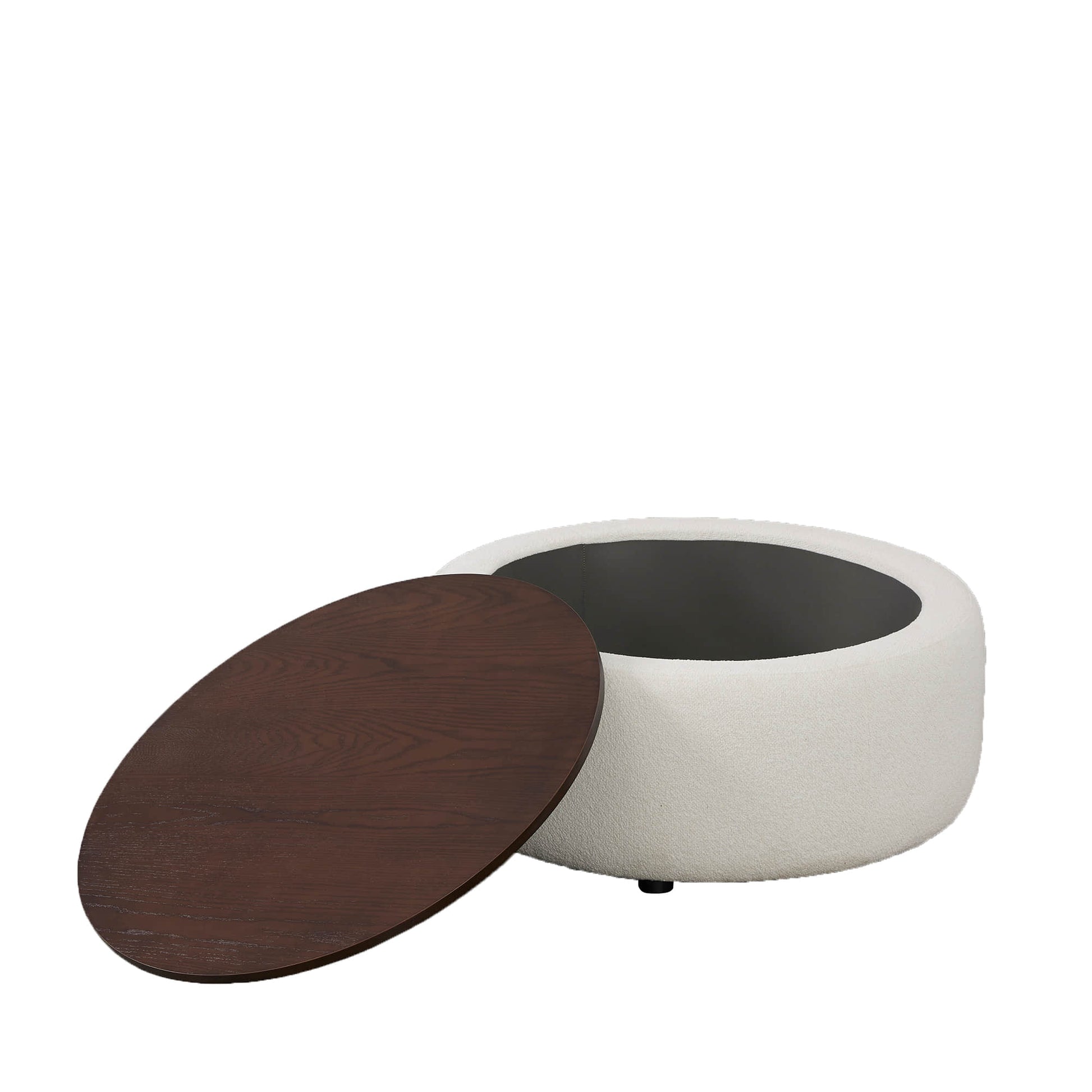 Grace round ottoman with dark wood lid and hidden storage for modern living spaces - CHITA Living