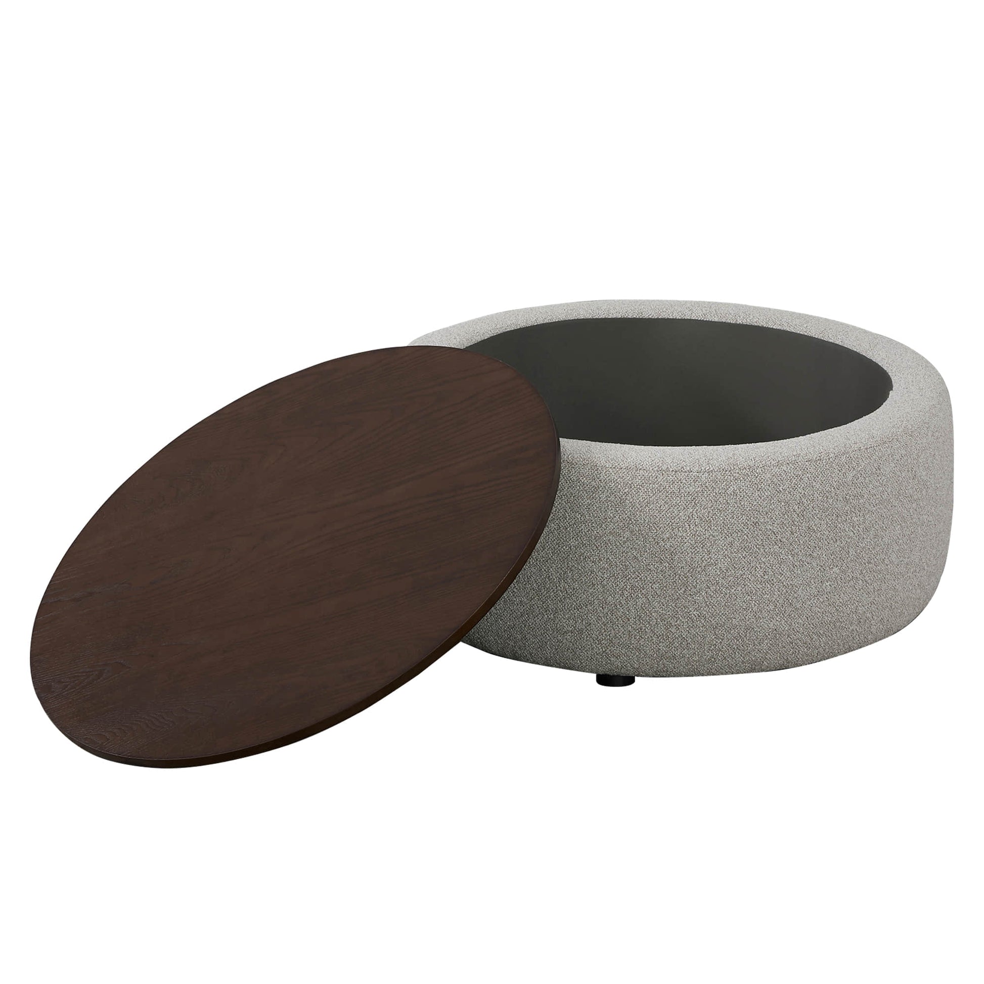 Grace round storage ottoman with dark wood lid and cozy boucle fabric upholstery - CHITA Living