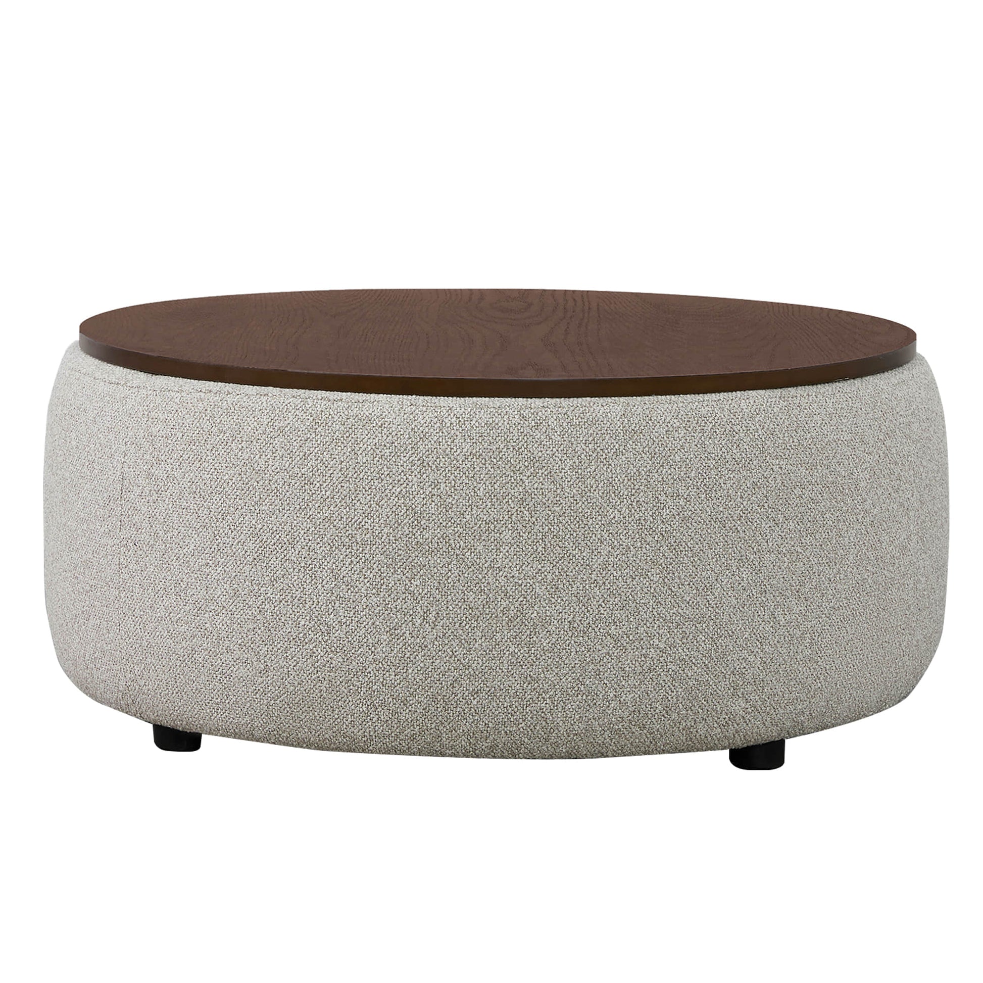 Grace round storage ottoman with dark wood lid and cozy boucle upholstery - CHITA Living