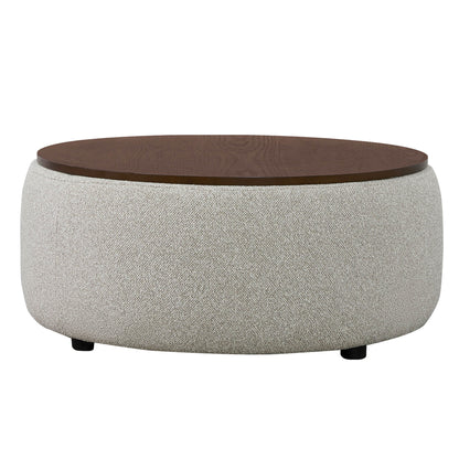 Grace round storage ottoman with dark wood lid and cozy boucle upholstery - CHITA Living