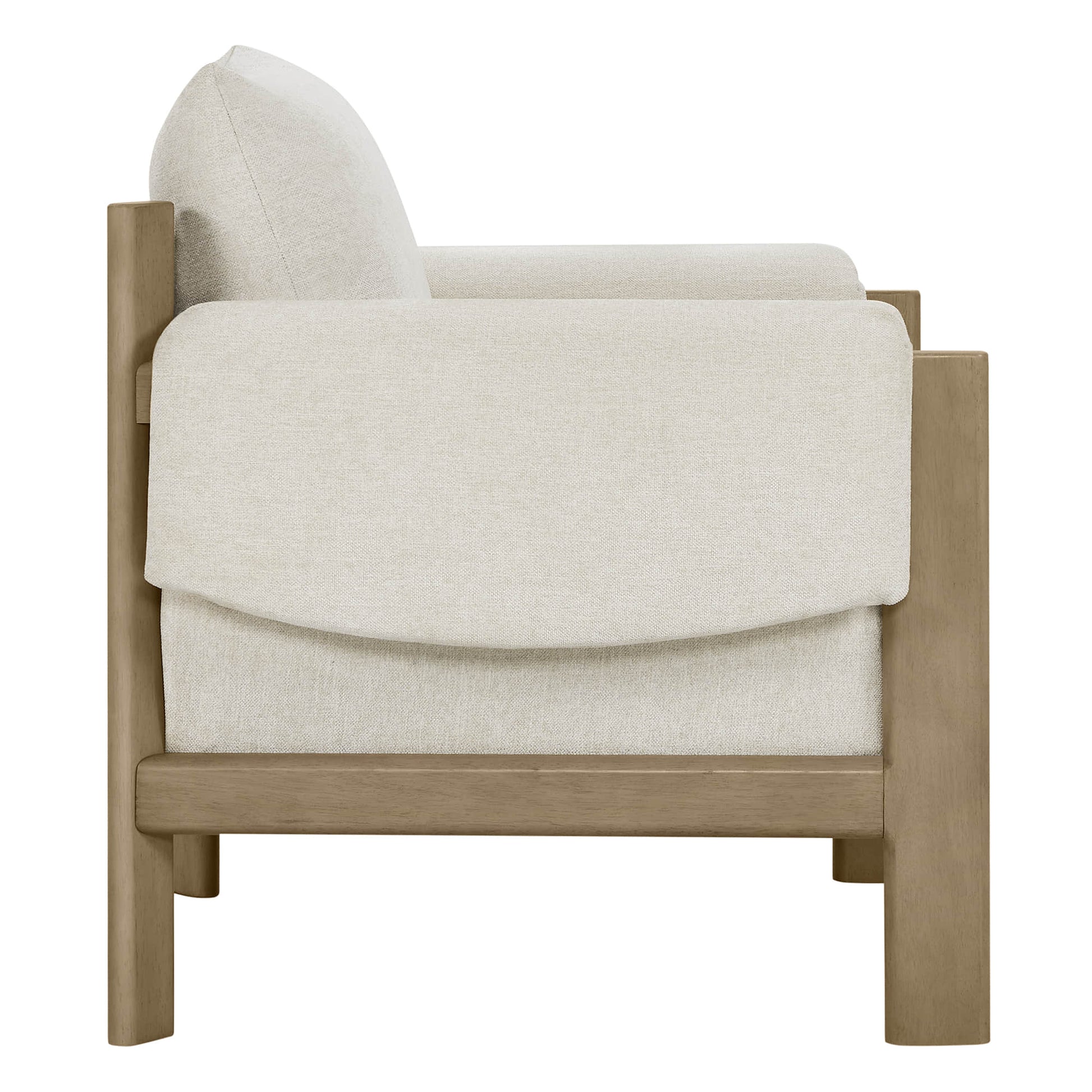 Harbor Accent Chair, a harmony of wood and soft upholstery, side view on a white background.