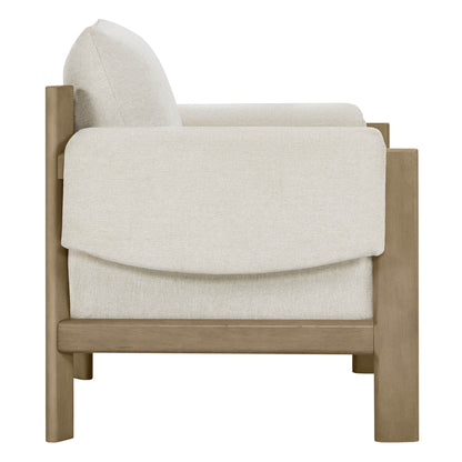 Harbor Accent Chair, a harmony of wood and soft upholstery, side view on a white background.
