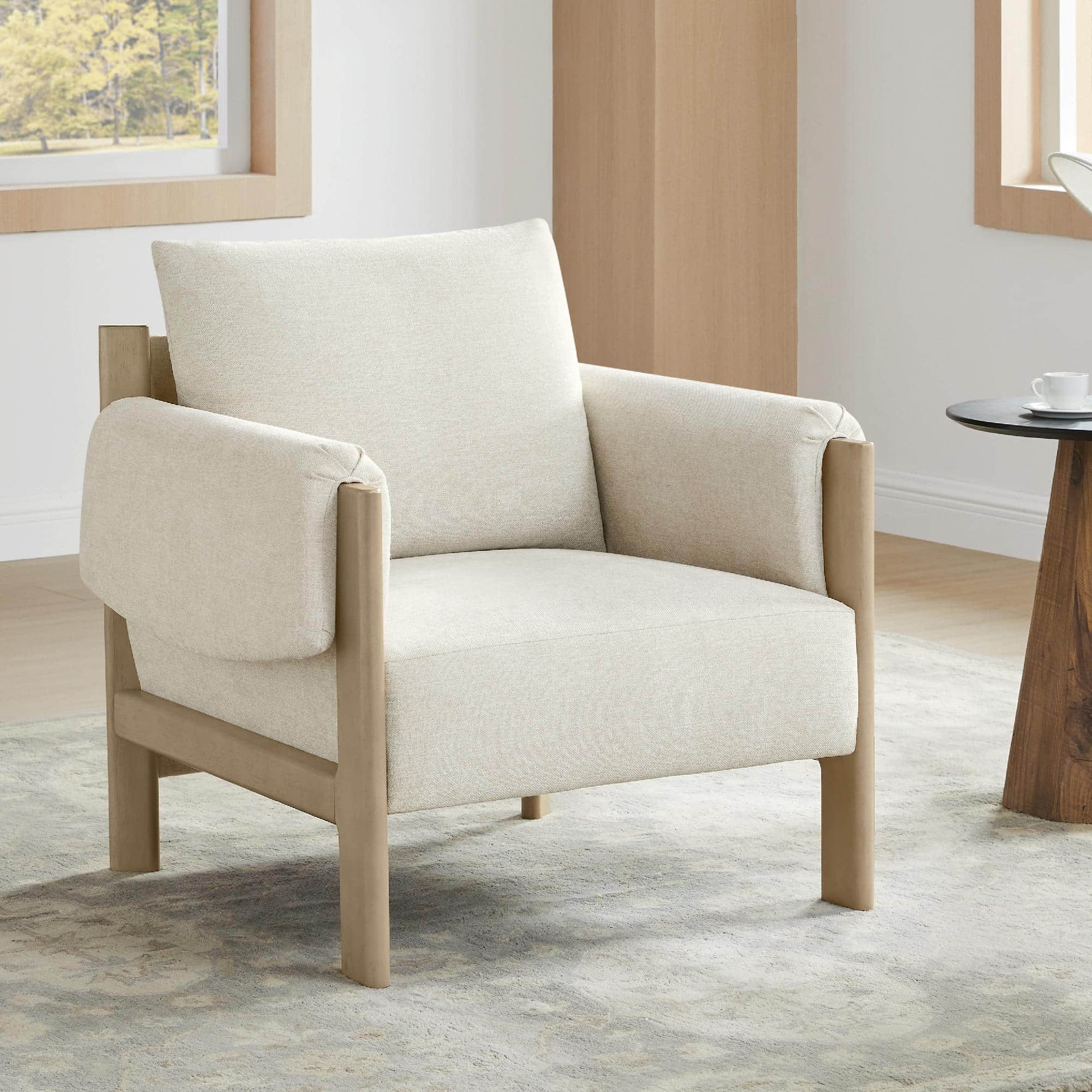 Harbor Accent Chair, a harmony of wood and soft upholstery, in a modern living room with natural light.