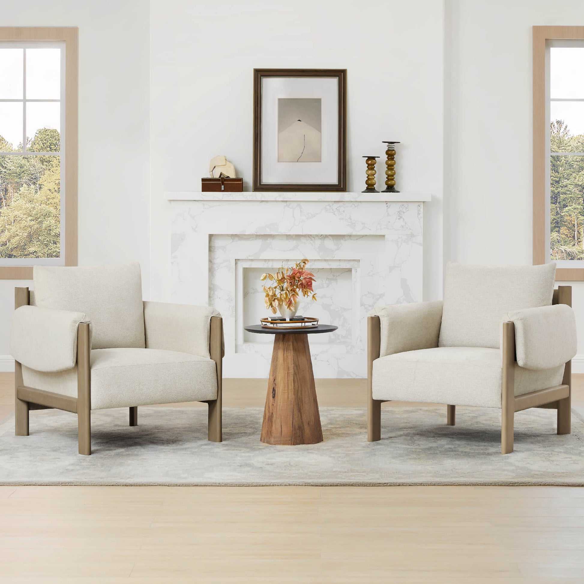 Harbor Accent Chairs, a harmony of wood and soft upholstery, in a modern living room with a fireplace.