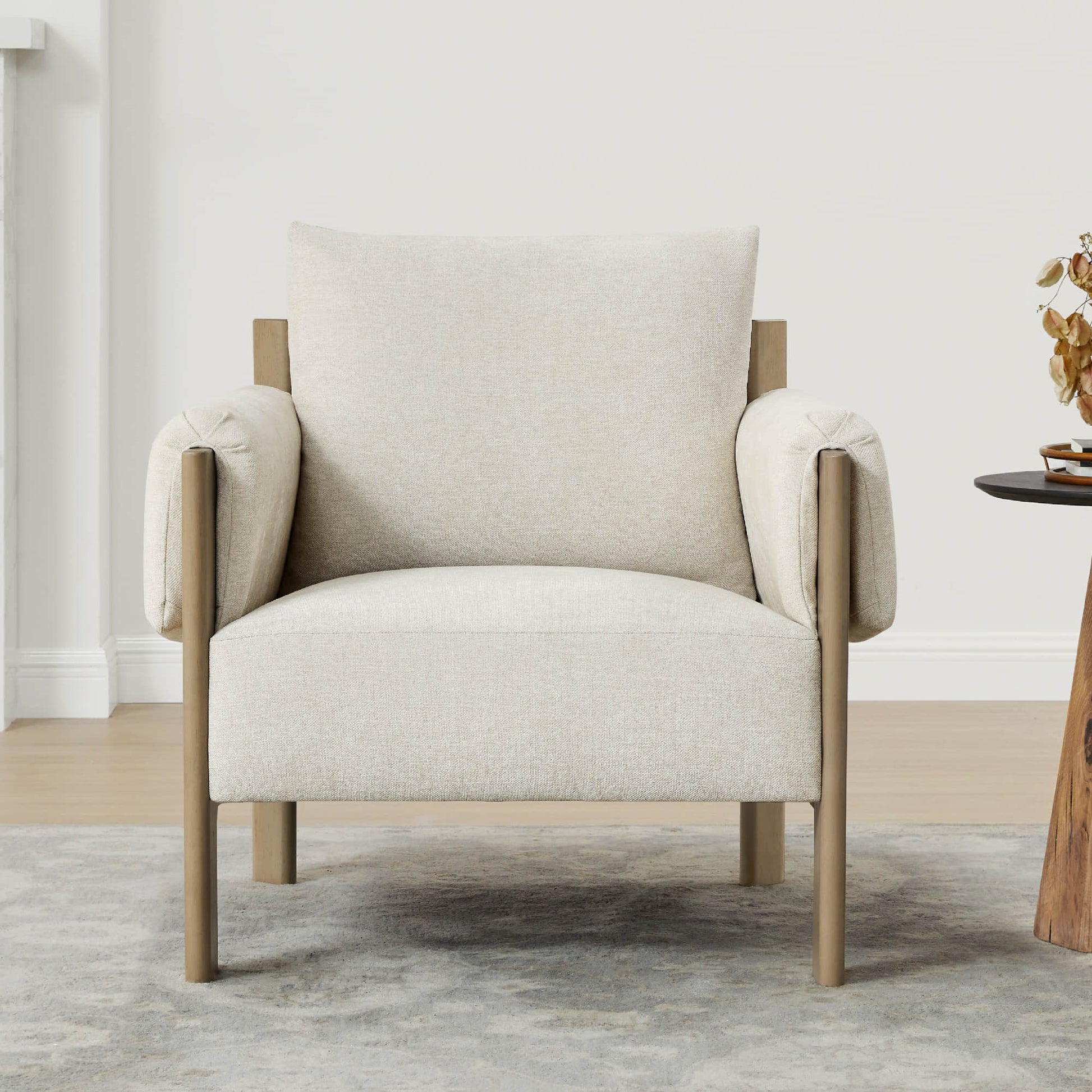Harbor Accent Chair, a harmony of wood and soft upholstery, in a modern living room setting.