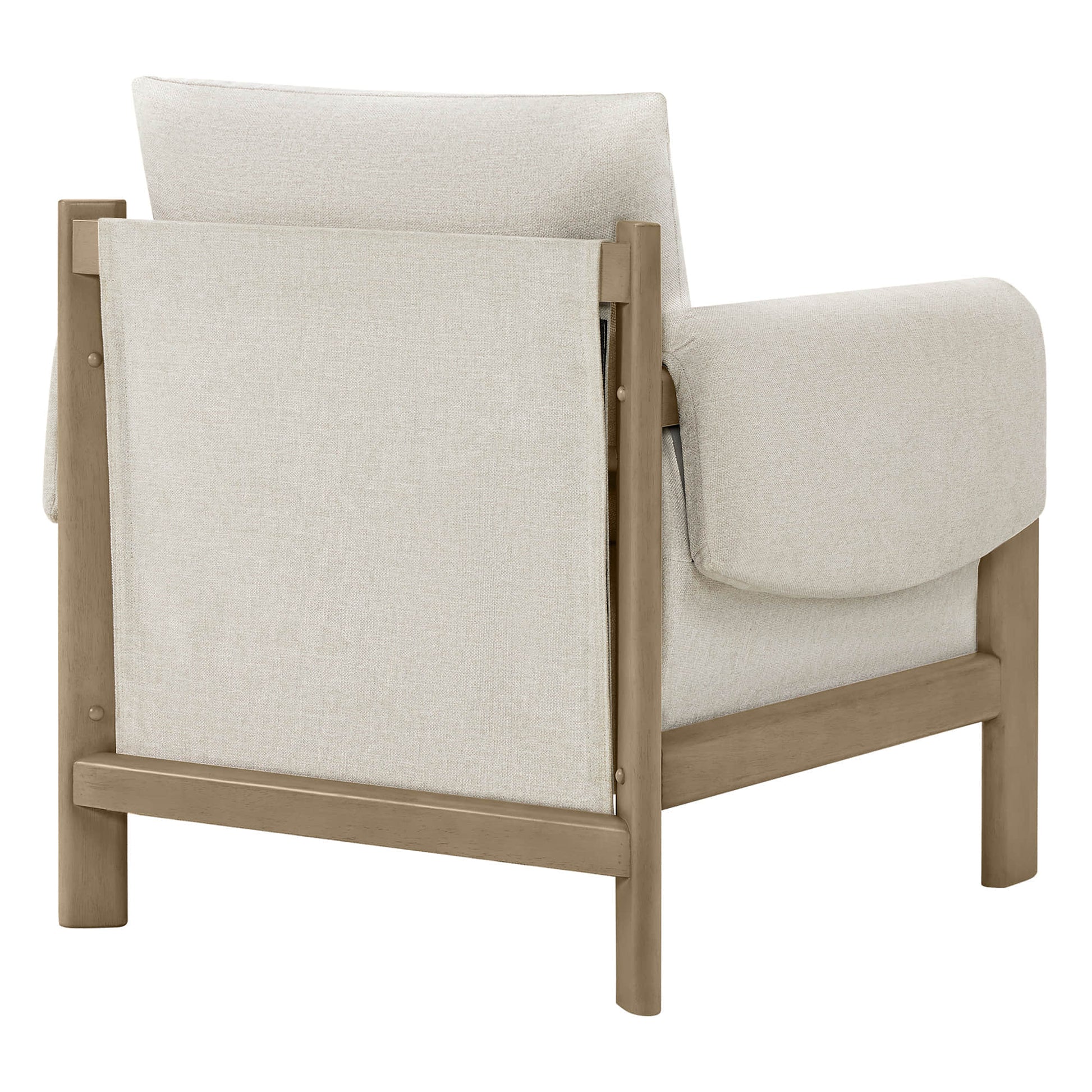 Harbor Accent Chair, a harmony of wood and soft upholstery, back view on a white background.
