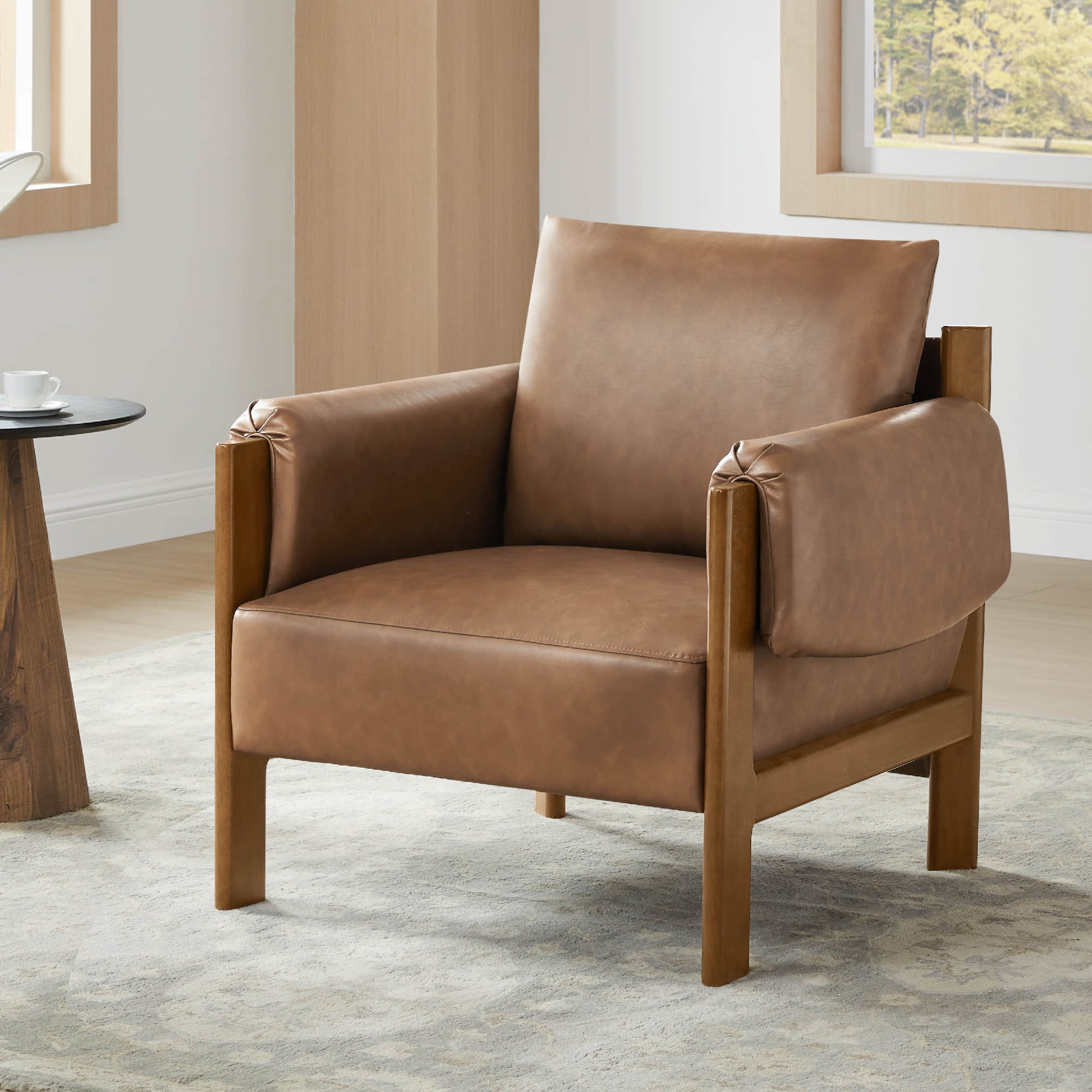 Harbor Accent Chair, a harmony of wood and soft upholstery, in a cozy living room setting.